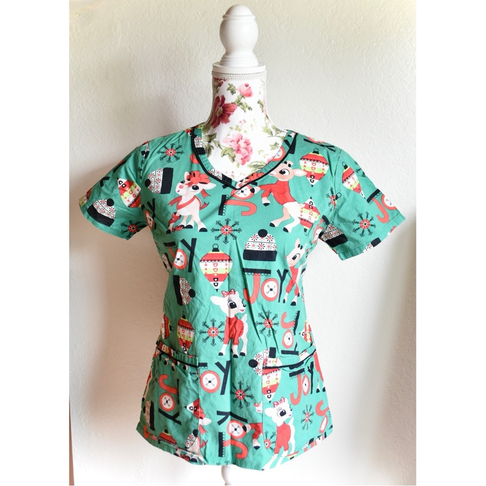 Cherokee Tooniforms Rudolph Rudolf Joy Christmas Scrub Tunic Top